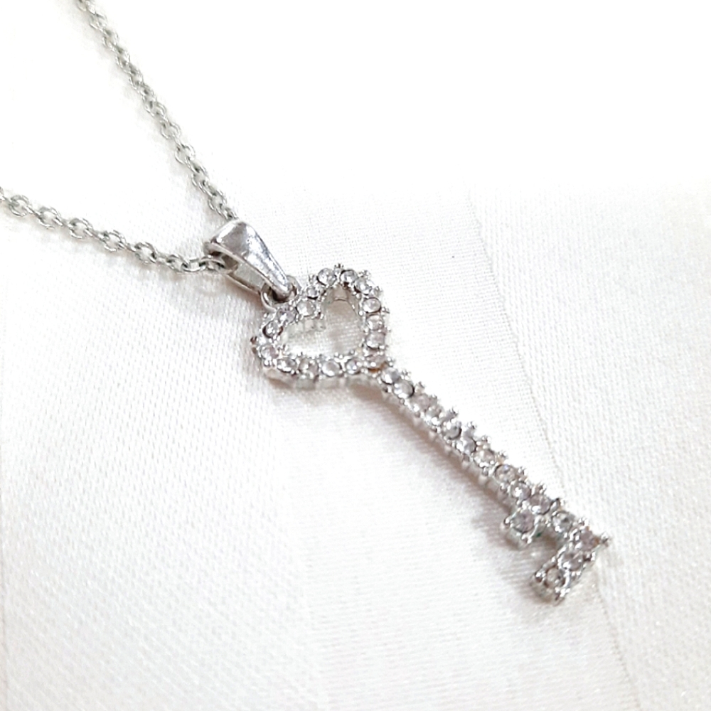 Silver Rhinestone Heart Key Charm Necklace